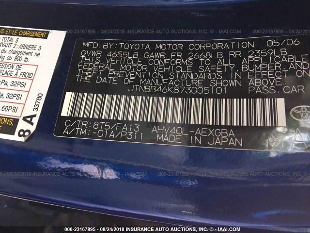 JTNBB46K873005101 - 2007 TOYOTA CAMRY NEW GENERATION HYBRID BLUE photo 9