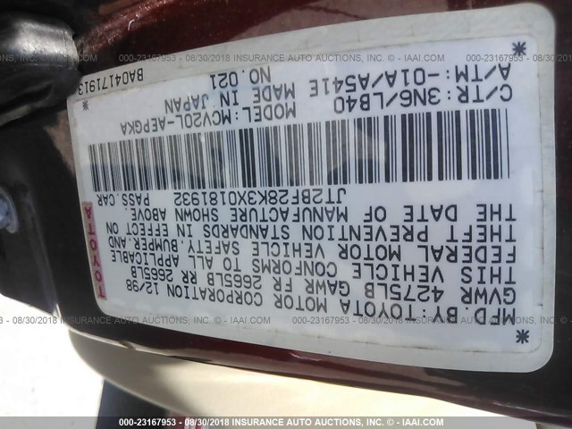 JT2BF28K3X0181932 - 1999 TOYOTA CAMRY LE/XLE BURGUNDY photo 9