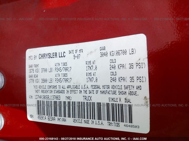 1D7HA18K68J137063 - 2008 DODGE RAM 1500 ST RED photo 9