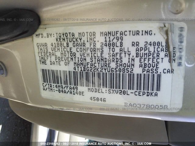 4T1BG22K2YU650852 - 2000 TOYOTA CAMRY CE/LE/XLE 棕色 照片 9