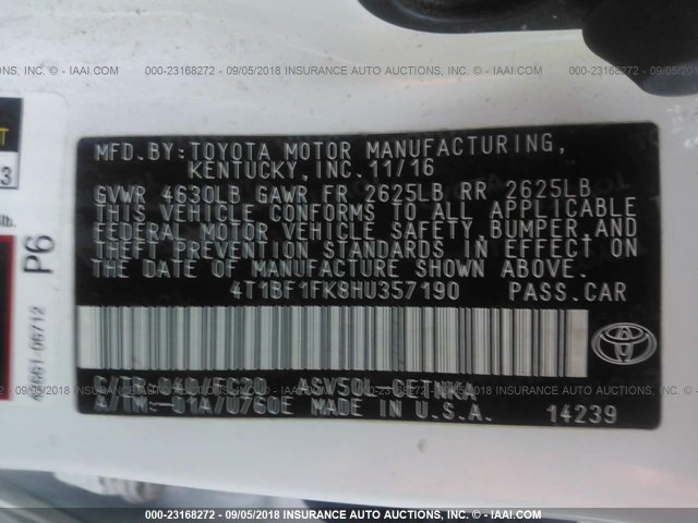 4T1BF1FK8HU357190 - 2017 TOYOTA CAMRY LE/XLE/SE/XSE 白色 照片 9