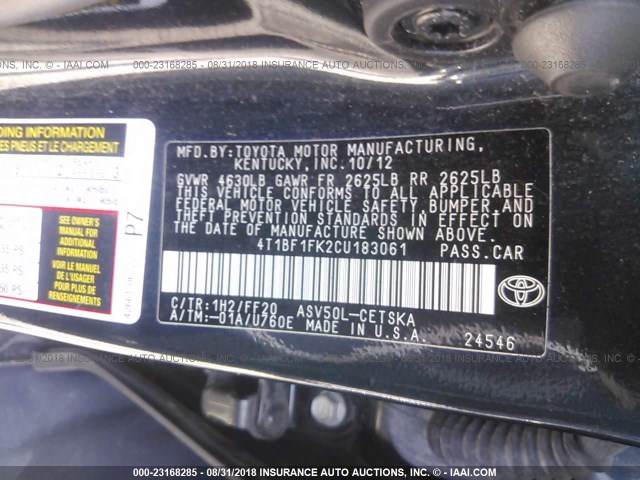 4T1BF1FK2CU183061 - 2012 TOYOTA CAMRY SE/LE/XLE შავი ფოტო 9