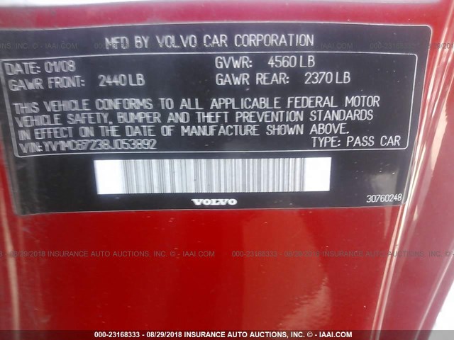 YV1MC67238J053892 - 2008 VOLVO C70 T5 RED photo 9