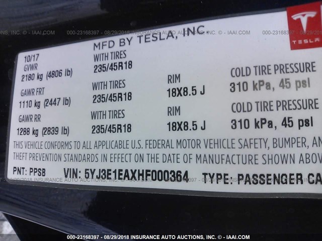 5YJ3E1EAXHF000364 - 2017 TESLA MODEL 3 ლურჯი ფოტო 9