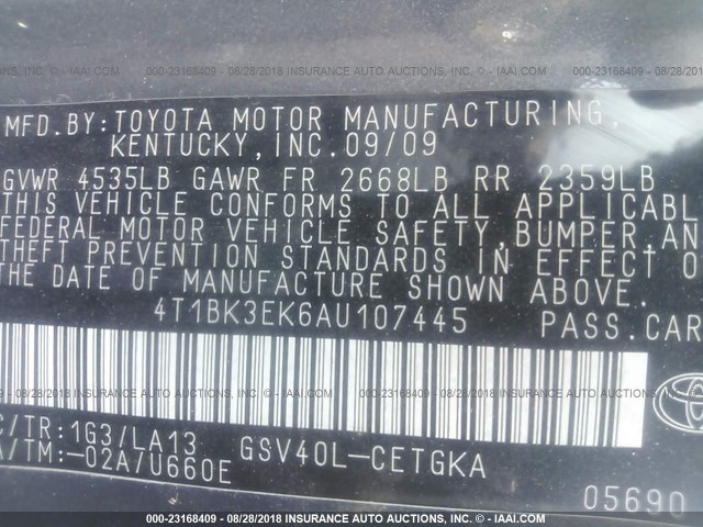 4T1BK3EK6AU107445 - 2010 TOYOTA CAMRY SE/LE/XLE GRAY photo 9