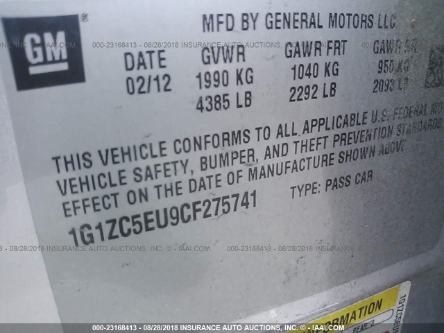 1G1ZC5EU9CF275741 - 2012 CHEVROLET MALIBU 1LT SILVER photo 9