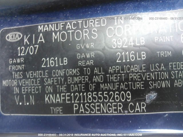 KNAFE121185552609 - 2008 KIA SPECTRA EX/LX/SX BLUE photo 9