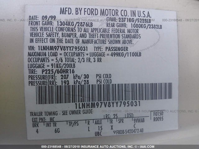 1LNHM97V8YY795031 - 2000 LINCOLN CONTINENTAL  棕色 照片 9