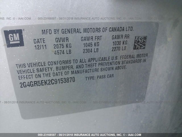 2G4GR5EK2C9153870 - 2012 BUICK REGAL SILVER photo 9