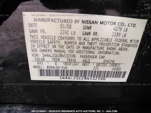 1N4AL21E28N532596 - 2008 NISSAN ALTIMA 2.5/2.5S BLACK photo 9