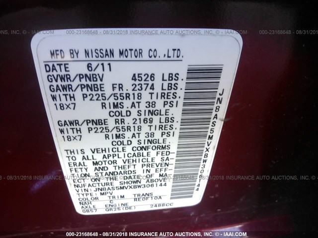 JN8AS5MVXBW306144 - 2011 NISSAN ROGUE S/SV/KROM RED photo 9