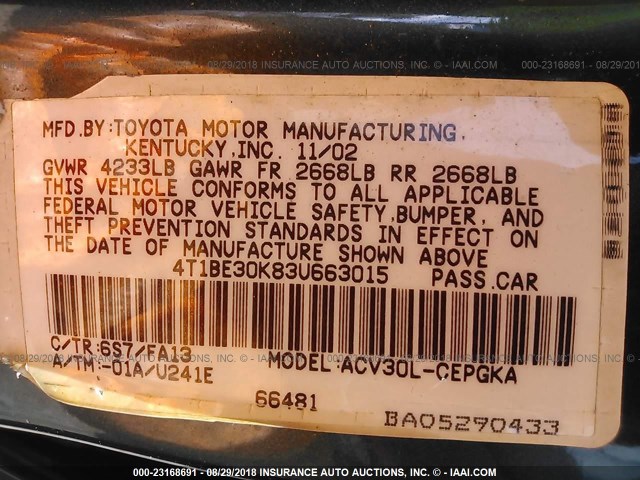 4T1BE30K83U663015 - 2003 TOYOTA CAMRY LE/XLE/SE GREEN photo 9