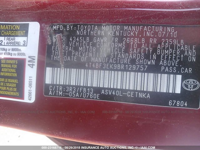 4T4BF3EK9BR129757 - 2011 TOYOTA CAMRY SE/LE/XLE 红色 照片 9