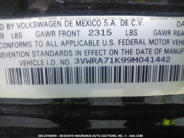 3VWRA71K99M041442 - 2009 VOLKSWAGEN JETTA WOLFSBURG 黑色 照片 9