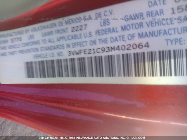 3VWFE21C93M402064 - 2003 VOLKSWAGEN NEW BEETLE TURBO S RED photo 9