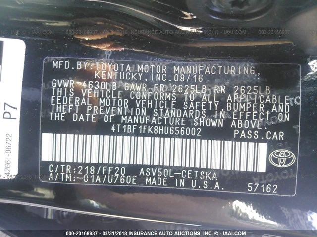 4T1BF1FK8HU656002 - 2017 TOYOTA CAMRY LE/XLE/SE/XSE 黑色 照片 9