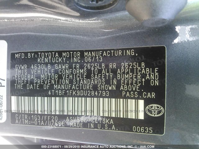 4T1BF1FK9DU284793 - 2013 TOYOTA CAMRY L/SE/LE/XLE შავი ფოტო 9