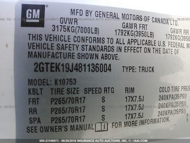 2GTEK19J481136004 - 2008 GMC SIERRA K1500 WHITE photo 9