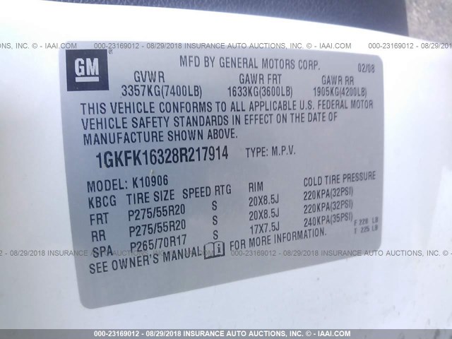 1GKFK16328R217914 - 2008 GMC YUKON XL K1500 WHITE photo 9