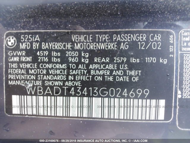 WBADT43413G024699 - 2003 BMW 525 I AUTOMATIC BLUE photo 9