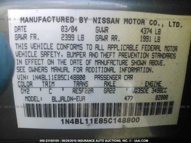 1N4BL11E85C148800 - 2005 NISSAN ALTIMA SE/SL/SE-R GREEN photo 9