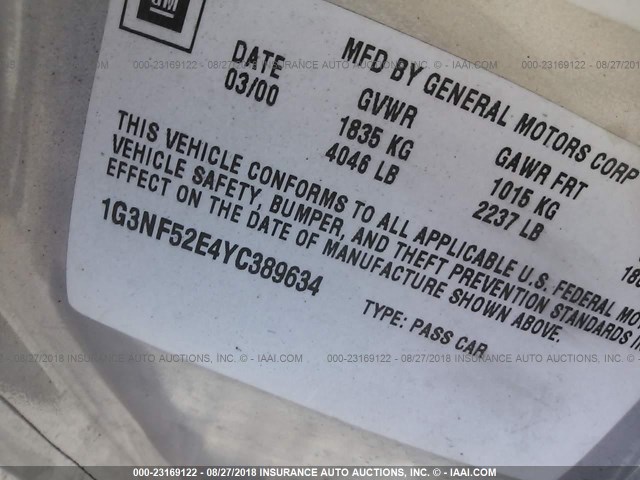 1G3NF52E4YC389634 - 2000 OLDSMOBILE ALERO GLS 银色 照片 9