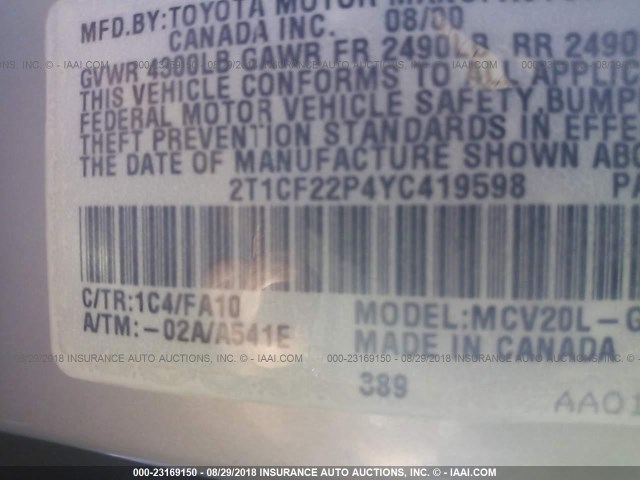 2T1CF22P4YC419598 - 2000 TOYOTA CAMRY SOLARA SE/SLE ნაცრისფერი ფოტო 9