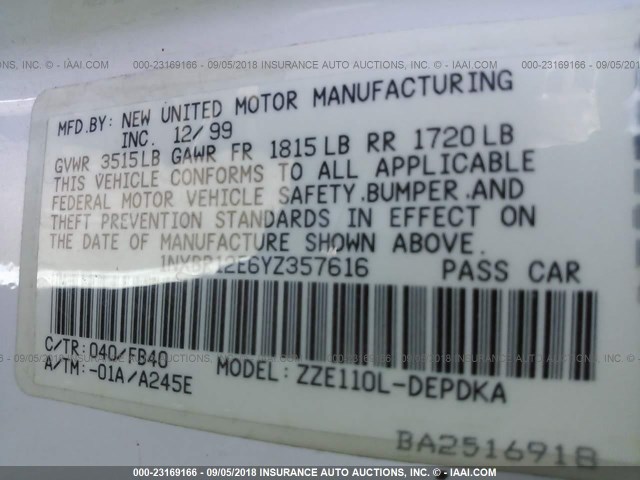 1NXBR12E6YZ357616 - 2000 TOYOTA COROLLA VE/CE/LE 白色 照片 9