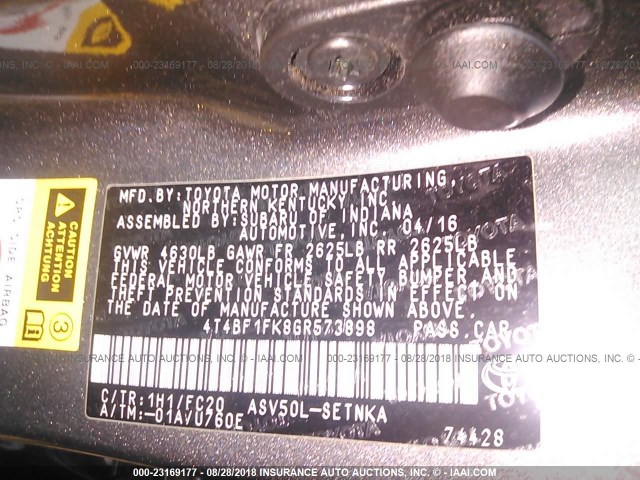 4T4BF1FK8GR573898 - 2016 TOYOTA CAMRY LE/XLE/SE/XSE 灰色 照片 9