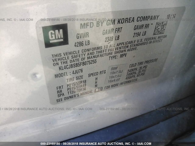 KL4CJBSB5FB075255 - 2015 BUICK ENCORE CONVENIENCE 银色 照片 9