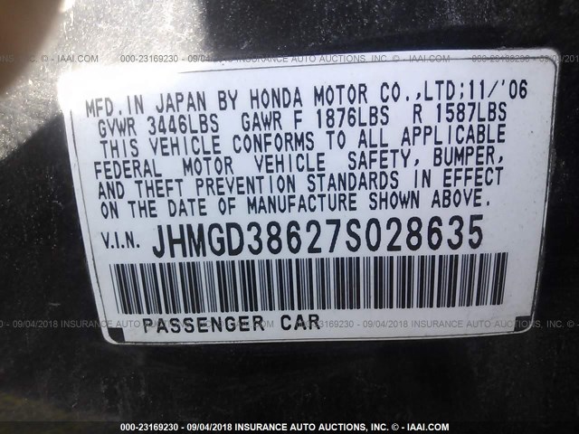 JHMGD38627S028635 - 2007 HONDA FIT S 黑色 照片 9