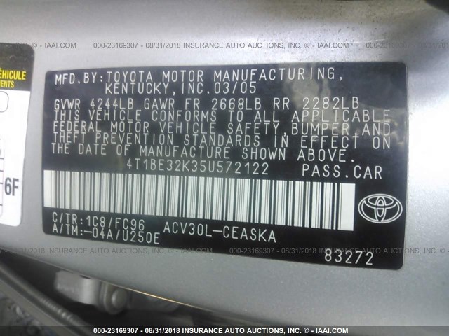 4T1BE32K35U572122 - 2005 TOYOTA CAMRY LE/XLE/SE 银色 照片 9