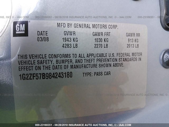 1G2ZF57B984243180 - 2008 PONTIAC G6 VALUE LEADER/BASE Light Blue photo 9