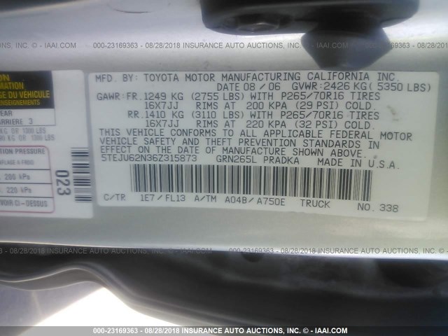 5TEJU62N36Z315873 - 2006 TOYOTA TACOMA DOUBLE CAB PRERUNNER SILVER photo 9