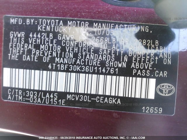 4T1BF30K36U114761 - 2006 TOYOTA CAMRY LE/XLE/SE 栗色 照片 9