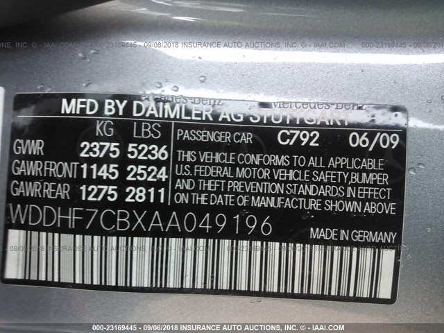 WDDHF7CBXAA049196 - 2010 MERCEDES-BENZ E 550 SILVER photo 9