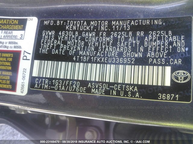 4T1BF1FKXEU336952 - 2014 TOYOTA CAMRY L/SE/LE/XLE Gümüş foto 9