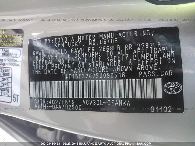 4T1BE32K25U090516 - 2005 TOYOTA CAMRY LE/XLE/SE Qızıl foto 9