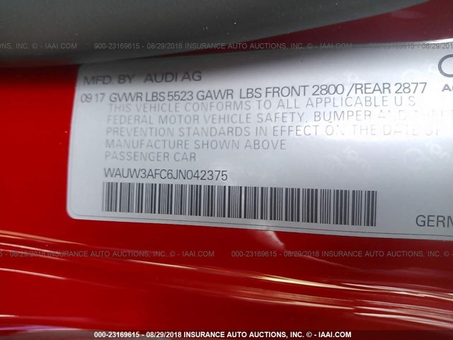 WAUW3AFC6JN042375 - 2018 AUDI A7 COMPETITION PRESTIGE RED photo 9