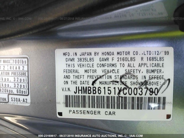 JHMBB6151YC003790 - 2000 HONDA PRELUDE SH SILVER photo 9