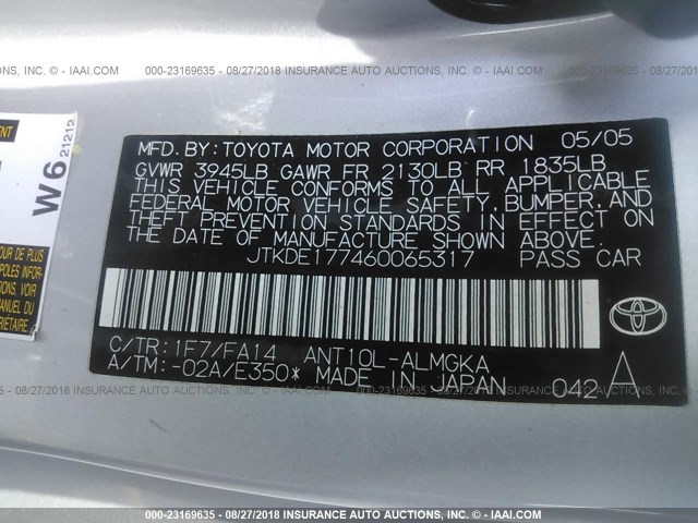 JTKDE177460065317 - 2006 TOYOTA SCION TC 银色 照片 9