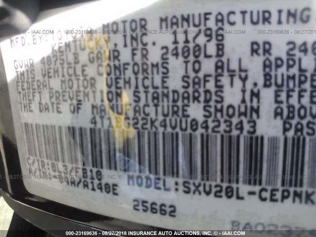 4T1BG22K4VU042343 - 1997 TOYOTA CAMRY CE/LE/XLE 蓝色 照片 9