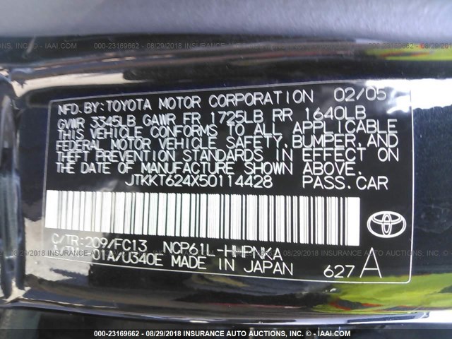 JTKKT624X50114428 - 2005 TOYOTA SCION XA შავი ფოტო 9