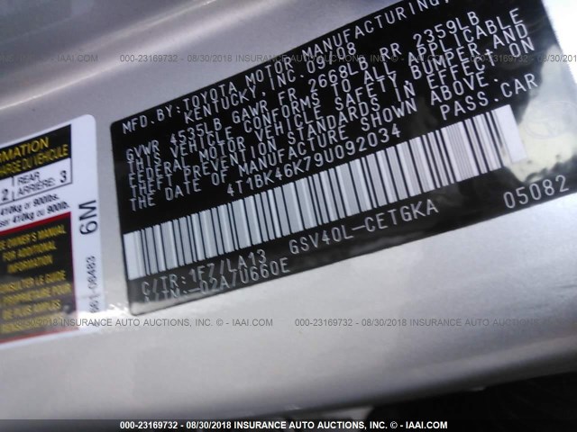 4T1BK46K79U092034 - 2009 TOYOTA CAMRY SE/LE/XLE 银色 照片 9