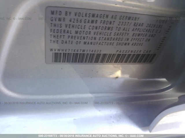 WVWHV71K67W114833 - 2007 VOLKSWAGEN NEW GTI SILVER photo 9