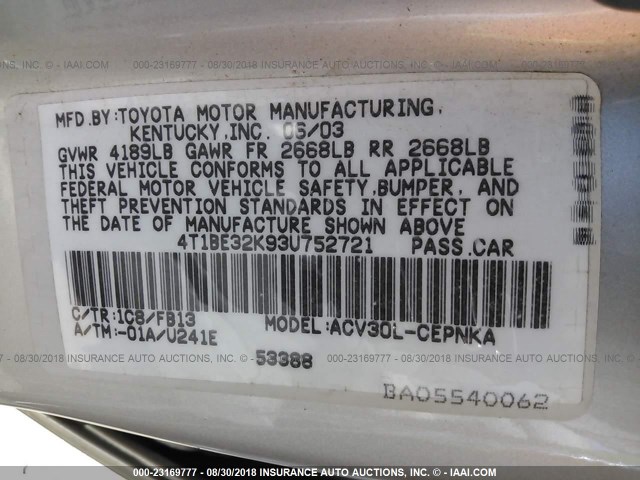 4T1BE32K93U752721 - 2003 TOYOTA CAMRY LE/XLE/SE SILVER photo 9