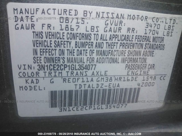 3N1CE2CP1GL354077 - 2016 NISSAN VERSA NOTE S/S PLUS/SV/SL/SR GRAY photo 9