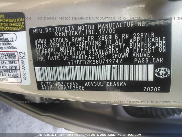 4T1BE32K96U712742 - 2006 TOYOTA CAMRY LE/XLE/SE Qəhvəyi foto 9