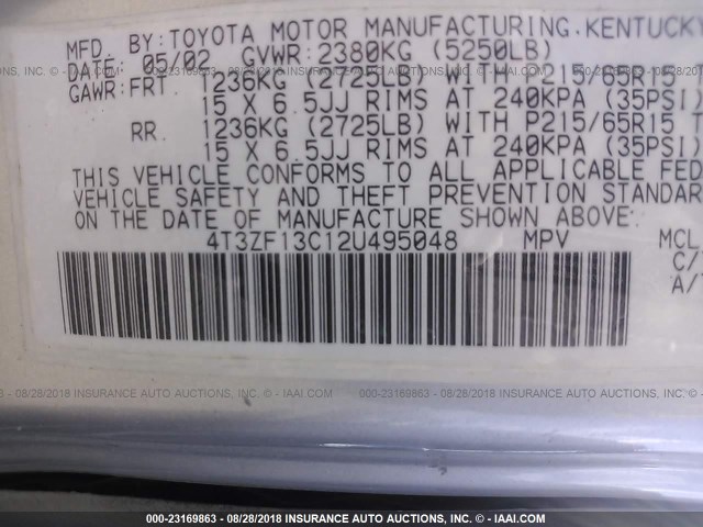 4T3ZF13C12U495048 - 2002 TOYOTA SIENNA LE/XLE SILVER photo 9