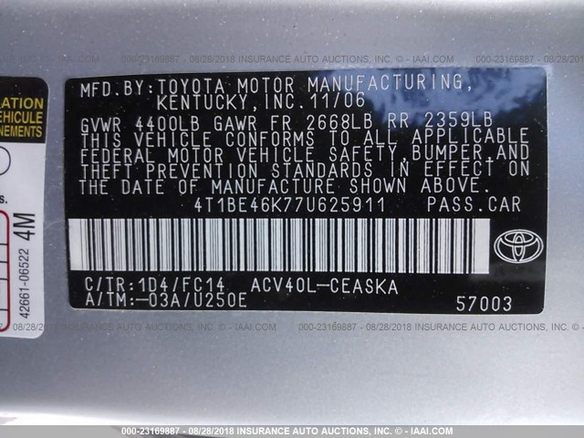 4T1BE46K77U625911 - 2007 TOYOTA CAMRY NEW GENERAT CE/LE/XLE/SE SILVER photo 9